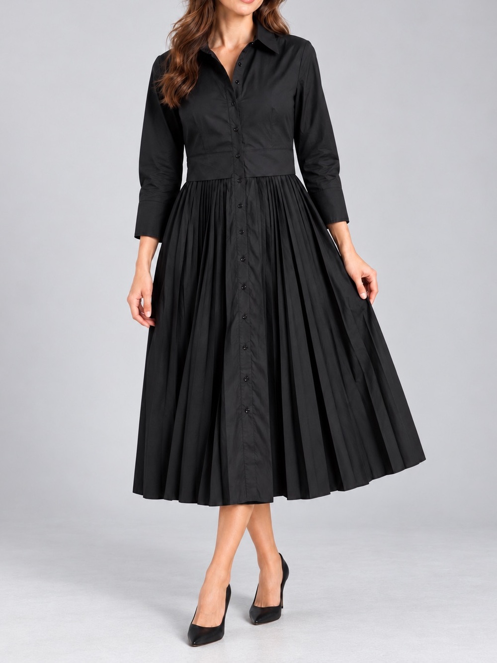 NEW Gracia Black Pleated Button-Front Midi Shirt Dress